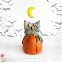 Handmade Paper Mache Owl on Pumpkin Figurine - Halloween Decor
