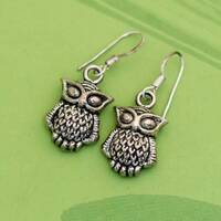 Vintage Intricate Adorable Silver Tone Owls Dangle Earrings - W5