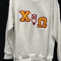 Chi Omega Letter Sweatshirt White w/Red Owl and Canyon Gold Letters