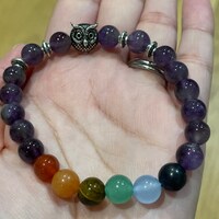 Amethyst chakra bracelet with owl; crystal beads