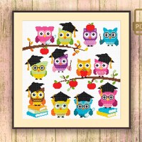 School Owls Cross Stitch Pattern, Owls Pattern, Nursery Cross Stitch Pattern, Holiday Gift, School H