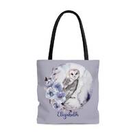 Custom name winter woodland owl AOP Tote Bag. Woodland gift bag. Personalized tote. Custom gift bag.