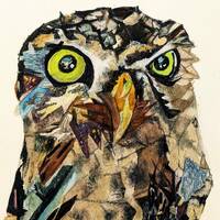 Owl painting original watercolor patchwork