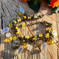 Owl Charm Bracelet, Yellow Glass Beads, Antique Gold Chain