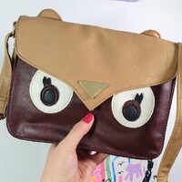cute, vintage, women's owl bag, big eyes front, brown, beige, white, funny shoulder bag, handbag