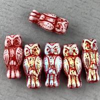 Mix, pressed Czech glass tiny Owl beads, white, red wash, aurora borealis finish, bird, woodland - 1