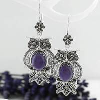 925 Sterling Silver Owl Design Amethyst Dangle Drop Earrings, Artisan Made Filigree Art Owl Design W