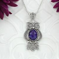 925 Sterling Silver Filigree Art Owl Design Amethyst Women Pendant Necklace, Solid Silver Mystery Ch