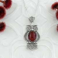 925 Sterling Silver Filigree Art Owl Design Carnelian Women Pendant Necklace, 18"+2" Silve