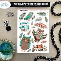 tangible: OWLS orange, teal and brown cute, mixed media wood and wool fabric owl planner stickers