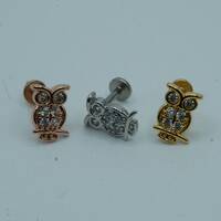 CZ Paved Owl Flat Back Stud Earrings Screw In Internally Threaded 316L Surgical Steel Gold Cartilage