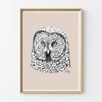 Gray Owl Art Print | Animal Wall Art | Customizable Prints | Drawing | owl wall art | Nature Prints 