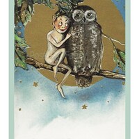 Enchanting OWL And Pixie, Instant DIGITAL Download, Vintage Schmucker Postcard