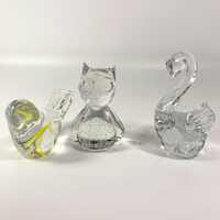 Vintage set of 3 Large glass owl, swan & Bird paperweight, figurines