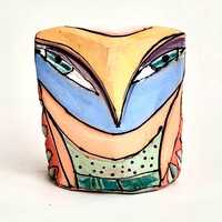 Ceramic Owl Sculpture: Whimsical Colorful Owl Figurine