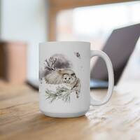Snow Owl and Moth Woodland creatures, Winter White Owl Mug, Winter Watercolor Tea Cup, Fall Coffee G