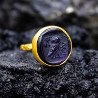 Greek Athena Owl Intaglio Glass Ring | 925 Sterling Silver | Ancient Roman Owl Carving Ring | Mythol