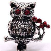 Silver Tone Owl Ring w Red Crystals
