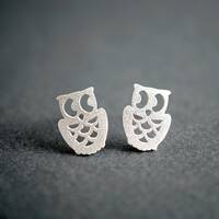 Owl post silver earrings, bird earrings, baby bird studs, animal shape small earrings, matte silver 