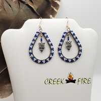 Native American Beaded Blue and White with Owl Charm Earrings