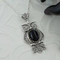 Black Onyx Silver Owl Gothic Pendant Necklace, 925 Sterling Silver Artisan Handmade Filigree Fancy A