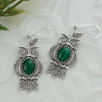 Malachite Silver Boho Bird Owl Dangle Earrings, 925 Sterling Artisan Handmade Filigree Woman Animal 