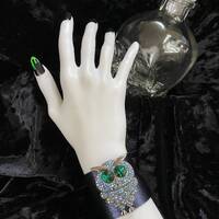 Halloween - Bejeweled Owl Brooch on Navy Blue Metallic Leather Cuff Bracelet
