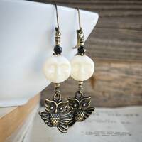 Owl and moon Black and ivory earrings, Vintage style Boho earrings, Festive Fall Autumn jewelry, Gif