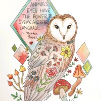 Wise Owl Original Painting, Animal's eyes Quote, Vegan Art, Owl Art, Colorful Painting, Martin B