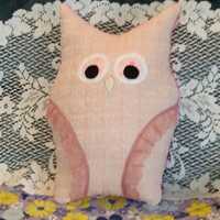 Pink Homespun and chenille Owl Pillow tuck 13" cotton Bird shelf sitter