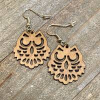 Wood Owl Earrings, Owl Dangle Earrings