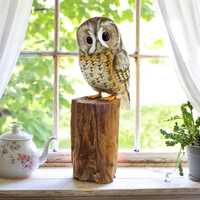 Carved Wood TAWNY OWL Fairtrade Ornament 24cm High / Strix aluco / Hand Carved Bird Figurine / Woodl
