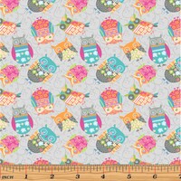 Owls Fabric (Small) on Light Grey - 100% COTTON Fabric by Jessica Flick for Benartex - Quality Cotto