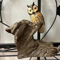 Vintage Collectible Carved Wood Owl On Branch - Very Light Weight Wood