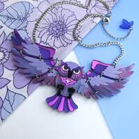 Necklace Statement Owl, 'Midnight', animal love, retro, purple folk art, Halloween, wings, b