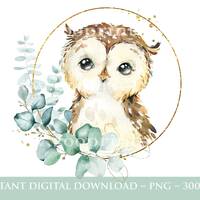 Baby Owl Green Wreath PNG, Woodland Birthday Party Clipart, Owl Sublimation, Baby Owl Birthday Card