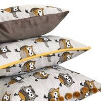 Owl Pillow Cover: Linen Cotton Blend, Pom Pom Trim