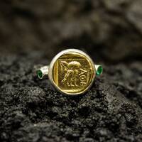 Ancient Athena Owl Coin Signet Ring | 24K Gold Plated 925 Sterling Silver | Greek Owl Coin Ring | Ro
