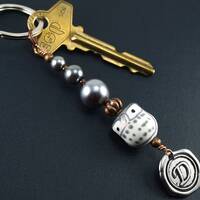 Personalized Initial Keychain, Silver Wax Seal, Ceramic Owl, Gray Pearls, Copper Keyring