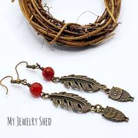 Owl Dangle Earrings, Fall Leaf Earrings, Carnelian Gemstone Earrings, Woodland Bird Earrings, Owl Lo