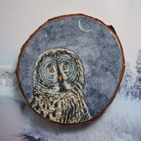 Great Gray Owl Painting | Owl Wood Slice Art | Watercolor Great Gray Owl and Starry Night