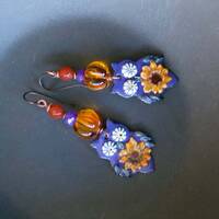 Purple Owl Earrings, Artisan Enamel Earrings, Whimsical Sunflower Earrings, Floral Earrings, Bird Lo