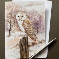 Barn Owl Winter Landscape Card, Snowy Evening Scene