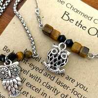 Owl Pendant Jewelry, Tiger's Eye Owl Charm Bracelet: Adjustable Minimalist Gemstone Necklace, Te