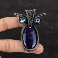 Handmade Copper Owl Pendant: Charoite & Evil Eye Gemstone