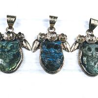 Tibetan Silver and Flash Labradorite Owl with Silver Flowers and Leaves Pendant, 1pc. Hoot, Nepal, L