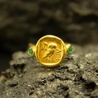 Athena Owl Coin Signet Ring | 24K Gold Plated 925 Sterling Silver | Greek Owl Coin Ring | Roman Art 