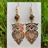 Filigree Owl Earrings, Golden Owl and Tiger Eye Earrings, Owl Charm Earrings, Dangle Earrings, Hypoa