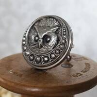 Hoot Owl Ring: Hand Cast Silver Pewter Button, Adjustable Stainless Steel Band