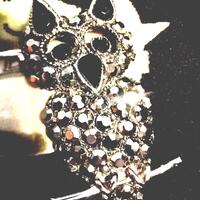 Chunky black jet and marcasite rhinestone owl-on-branch pendant piece, chromed metal with large ring